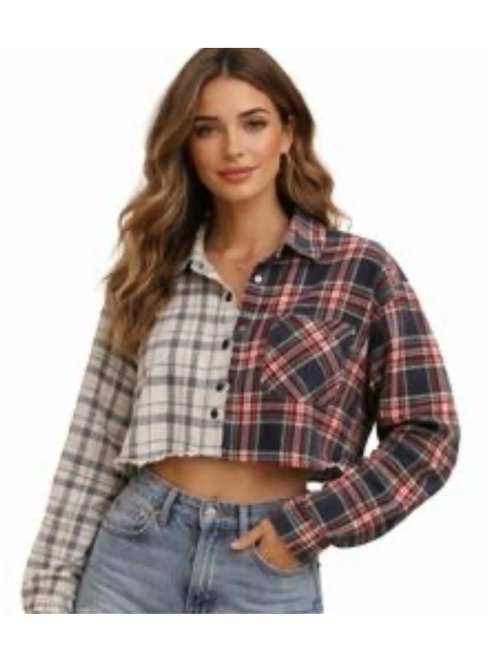 RSQ Plaid Colorblock Cropped Long Sleeves Shirt Size XS Junior